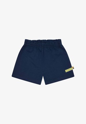 Pantaloni corti in cotone blu navy con vita elastica, dotati di un piccolo etichetta logo verde e gialla sul lato e una texture liscia.