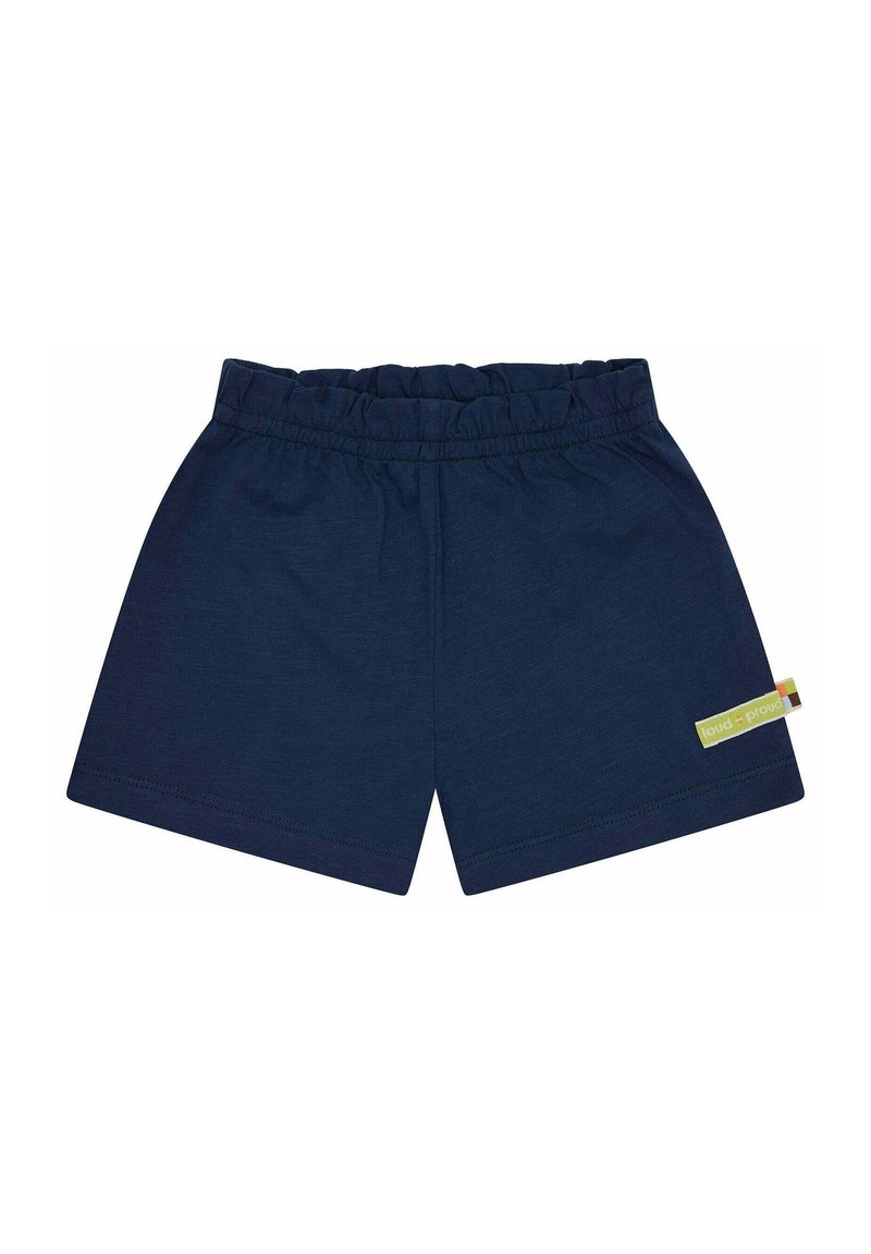 Pantaloni corti in cotone blu navy con vita elastica, dotati di un piccolo etichetta logo verde e gialla sul lato e una texture liscia.