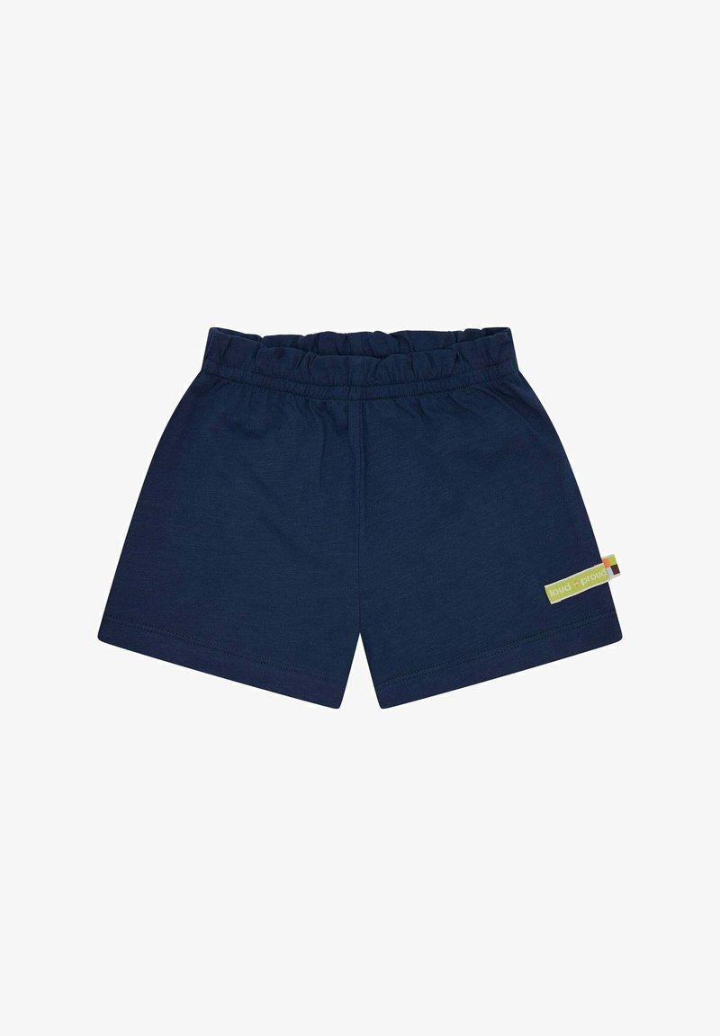 Pantaloni corti in cotone blu navy con vita elastica, dotati di un piccolo etichetta logo verde e gialla sul lato e una texture liscia.