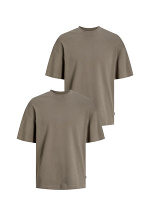 Set of two short-sleeve t-shirts in a muted olive green hue, featuring a round neckline and a relaxed fit, made from soft cotton fabric.
