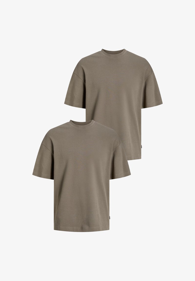 Set of two short-sleeve t-shirts in a muted olive green hue, featuring a round neckline and a relaxed fit, made from soft cotton fabric.