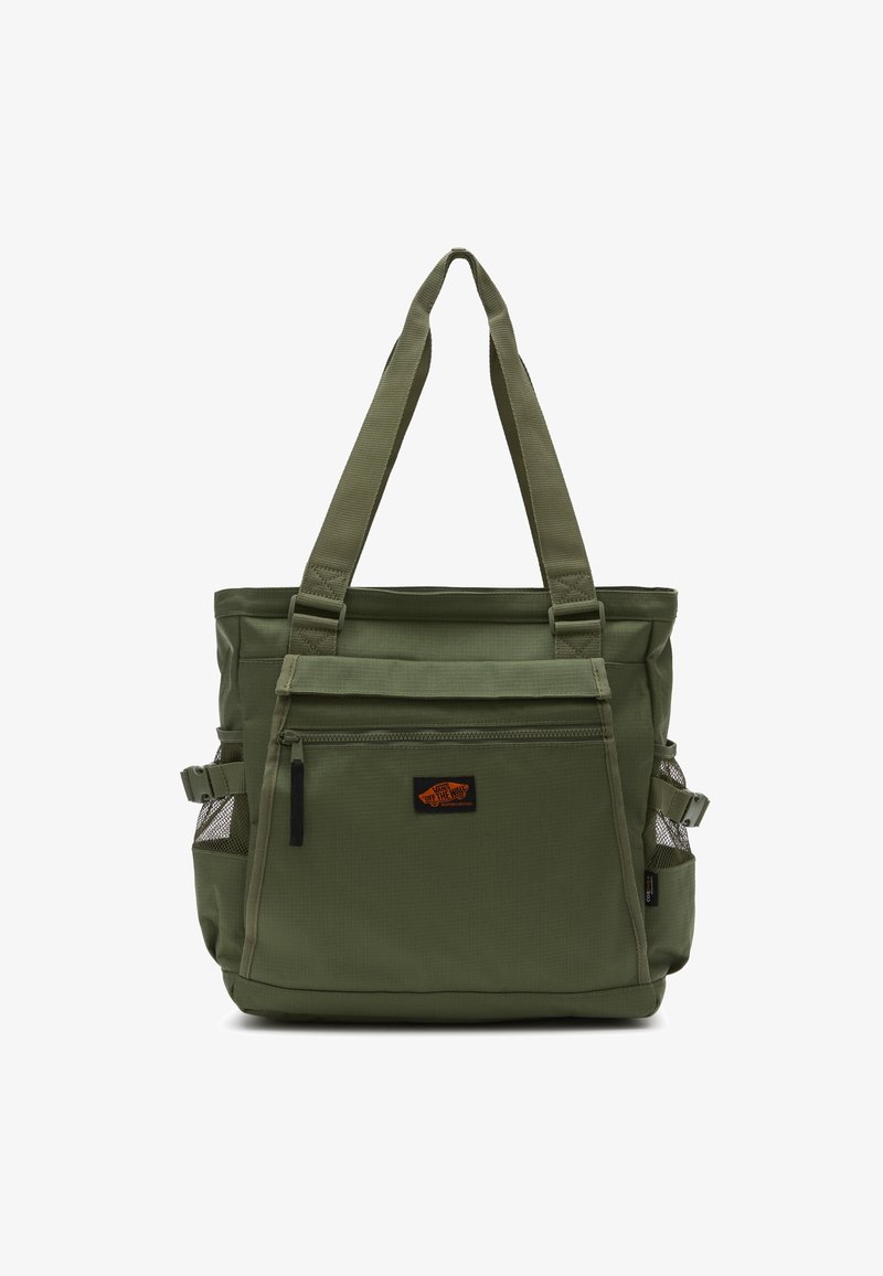 Sac fourre-tout vert en tissu durable, avec deux anses, une poche zippée à l'avant et des poches en mesh sur les côtés.