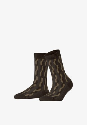 Chaussettes marron à motifs avec une bordure côtelée et un design géométrique en beige, fabriquées à partir d'un matériau doux et extensible, idéal pour un usage quotidien.