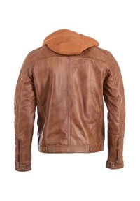 Bruine leren jas met een tan capuchon, voorzien van stikdetails, zijritsen en een zachte textuur. Achteraanzicht dat het ontwerp en de pasvorm laat zien.