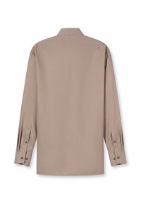 Langarmhemd in Hellbraun mit strukturierter Webart, geknöpften Manschetten und klassischem Kragen. Glatter Stoff mit tailliertem Schnitt.