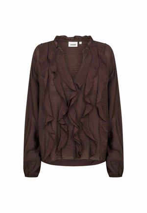 Blusa castanha de manga comprida com folhos verticais à frente e punhos elásticos, feita em tecido leve e texturizado.