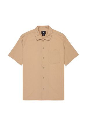 Short-sleeve button-up shirt in light beige fabric, featuring a chest pocket, soft texture, and a classic collar design.