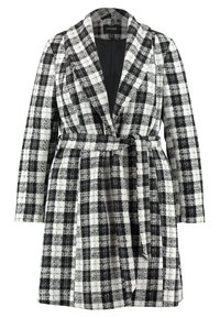 Abrigo de cuadros en blanco y negro, con un diseño ajustado que incluye un gran solapa, cinturón en la cintura y mangas largas. Tejido texturizado.
