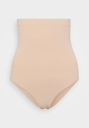 Béžične oblikovane hlačke visoke pasu, izdelane iz gladkega, raztegljivega materiala s brezšivno zasnovo in brez vidnih dodatkov.