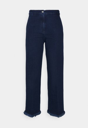 Dark blue high-waisted jeans in denim, featuring a straight leg design and frayed hems, providing a casual and relaxed fit.