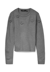 Grauer Strickpullover mit langen Ärmeln und fünf erhabenen Blumenapplikationen über der Brust und den Schultern, mit gerippten Bündchen und Saum.