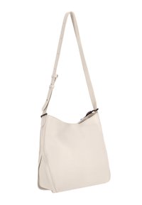 Beige Leder-Schultertasche mit verstellbarem Riemen, weicher Textur und einem Reißverschluss oben. Verfügt über ein lässiges Design und Seitennähten.