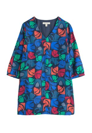 Sukienka z dekoltem w szpic, krótki rękaw w ciemnoniebieskim kolorze z kolorowym wzorem liści w czerwieni, zieleni i niebieskim. Lekka tkanina o luźnym kroju.