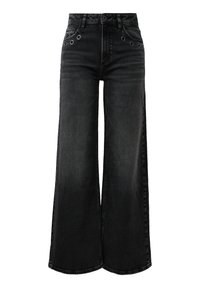 Brede zwarte denim jeans met een vervaagde afwerking, met metalen oogjes en een klassieke vijf-pocket stijl.