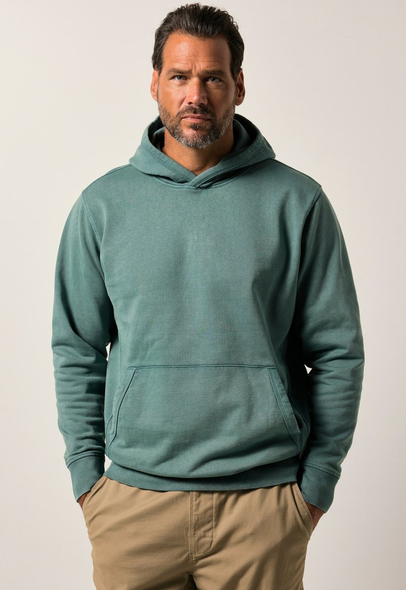 Sudadera color verde azulado con un bolsillo canguro, puños y dobladillo acanalados. Tejido suave con una textura sutil, que presenta una capucha con cordón y un corte relajado.