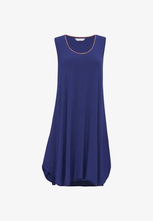 Abito blu navy senza maniche, dalla vestibilità ampia, con scollo rotondo bordato da un sottile trim arancione, cadente dritto con orlo leggermente arrotondato.