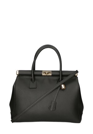 Borsa in pelle nera con due manici corti, una tracolla removibile e dettagli in metallo dorato. Texture liscia e forma strutturata.