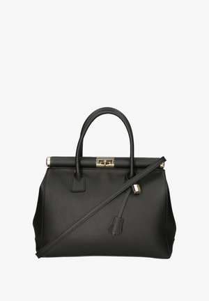 Schwarze Lederhandtasche mit zwei kurzen Griffen, einem abnehmbaren Schulterriemen und goldenen Hardwaredetails. Glatte Textur und strukturierte Form.