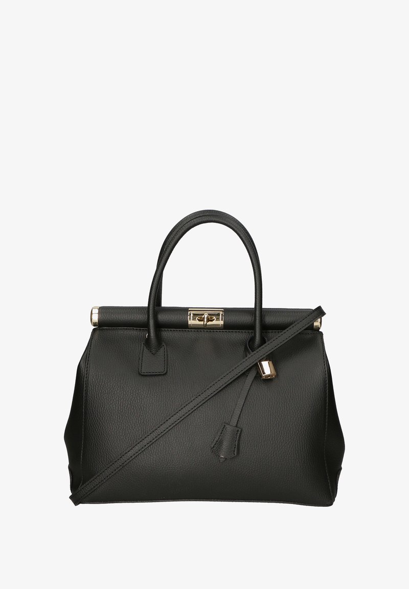 Borsa in pelle nera con due manici corti, una tracolla removibile e dettagli in metallo dorato. Texture liscia e forma strutturata.