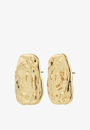 Strukturerede, skinnende guld, uregelmæssige rektangulære studs med subtile hævede og indadgående mønstre på en hvid baggrund.