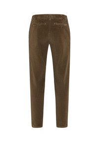 Pantaloni in corduroy marroni con finitura testurizzata, vita elasticizzata e due tasche posteriori; design a gamba affusolata.