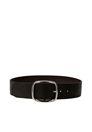 Black leather belt with a rectangular silver metal buckle and three adjustment holes on a white background.