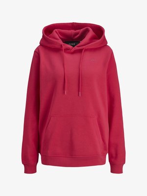 Piros kapucnis pulóver elülső kenguruzsebbel, hosszú ujjú, zsinóros kapucnival és kis mellrészi logóval a bal oldalon.