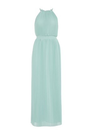 Abito lungo plissettato in verde menta chiaro, con scollo a halter e tessuto testurizzato con una finitura liscia. Silhouette lunga e fluente.