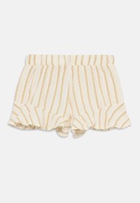 Shorts av linneblandning med en lätt känsla, med vertikala lodräta ränder i beige och krämfärg, resårmidja och rynkad nederkant.
