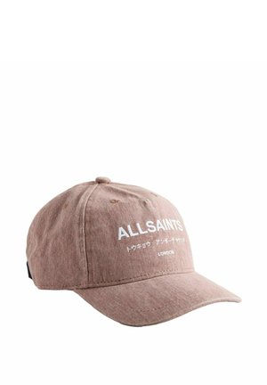 Braune Baumwoll-Baseballkappe mit weißem "ALLSAINTS"-Text und japanischen Schriftzeichen. Gepolsterter Schirm und verstellbarer Riemen hinten.