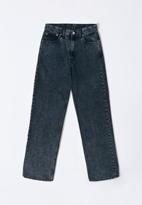 Jeans in denim grigio scuro con taglio a gamba dritta, caratterizzati da un tradizionale design a cinque tasche e dettagli in metallo sui bottoni.