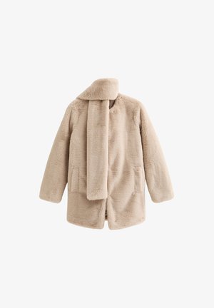 Beige nepbonten jas met een lange kraag, twee voorkanten zakken en een open ontwerp. Zachte textuur en minimalistische vorm.