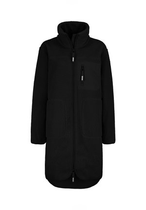 Long black fleece coat with high collar, full front zipper, two lower pockets, and one zippered chest pocket.