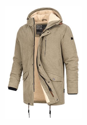 Beige corduroy jas met een nepbonten voering, rits- en drukknopen, meerdere zakken en verstelbare trekkoorden aan de zoom en capuchon.