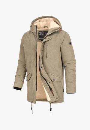 Beige fløjlsjakke med imiteret pelsforing, lynlås- og trykknaplukninger, flere lommer og justerbare snore i kant og hætte.