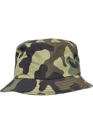 Camouflage bucket hat made of fabric, featuring various green and brown patterns. Wide, sloping brim with stitching accents.
