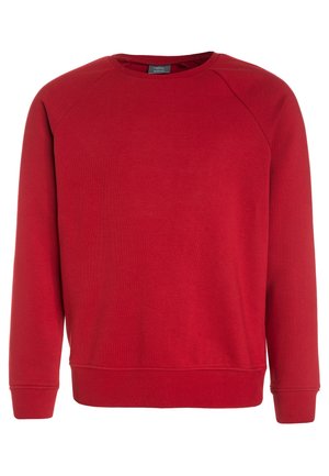 Sweat-shirt rouge uni à col ras du cou avec manches raglan longues, poignets et ourlet côtelés, présenté sur un fond blanc.