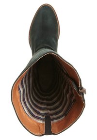 Botín de ante verde con interior de cuero marrón, que presenta un forro de tela a rayas y detalle de cremallera lateral. La suela es plana y redondeada.