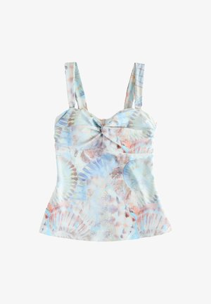 Débardeur pastel sans manches à larges bretelles, avec un devant torsadé et un motif coquillage doux dans des tons bleus, roses et beiges.