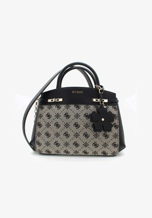 Czarna i szara torebka we wzory z podwójnymi uchwytami i odpinanym paskiem. Wyposażona w złote elementy i czarną ozdobę w kształcie kwiatu.