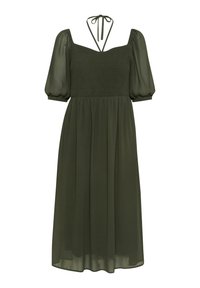 Rochie de culoare verde măslin, de lungime medie, cu mâneci bufante, corset fronsat și decolteu legat. Fabricată dintr-un material ușor, cu o fustă fluidă.