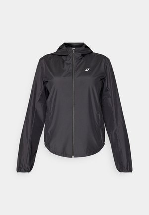 Black lightweight jacket with a full zipper, hood, and elastic cuffs. Made of smooth, shiny fabric. Features a logo on the chest.