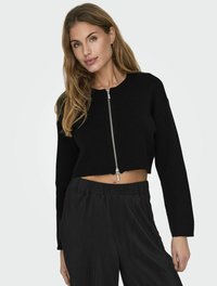 Maglione nero corto con maniche lunghe e dettaglio con zip frontale. Abbinato a pantaloni neri plissettati, che mettono in mostra una texture liscia e una vestibilità su misura.