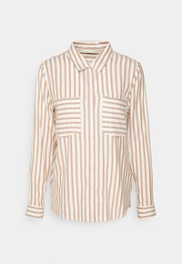 Camicia a righe button-up in pesca chiaro e bianco, con maniche lunghe, due tasche sul petto e un design con colletto classico.