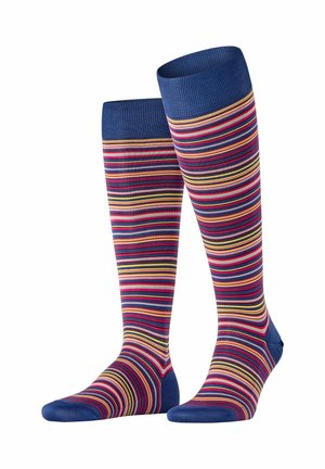 Knee-high socks with horizontal stripes in blue, red, yellow, and pink, featuring solid blue toe, heel, and cuff areas.