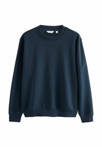 Sudadera azul marino, hecha de una suave mezcla de algodón, presenta un cuello redondo acanalado, mangas largas y un corte relajado con puños y dobladillo elásticos.