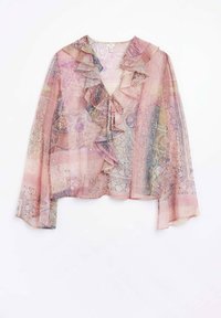 Blusa rosa trasparente con scollo arricciato, maniche lunghe e motivi paisley in colori tenui. I lacci sul davanti creano una vestibilità morbida.