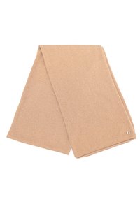 Beżowy wełniany szalik, miękka faktura, prostokątny kształt, z minimalnymi szwami i małą metką z logo w jednym z rogów.