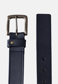 Black leather belt with a textured finish, featuring a brass buckle, contrasting stitching, and multiple adjustment holes along the strap.