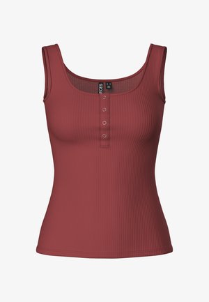 Débardeur rouge à côtes avec un col rond, des larges bretelles et un détail de bouton à l'avant. Fabriqué dans un matériau lisse et extensible.